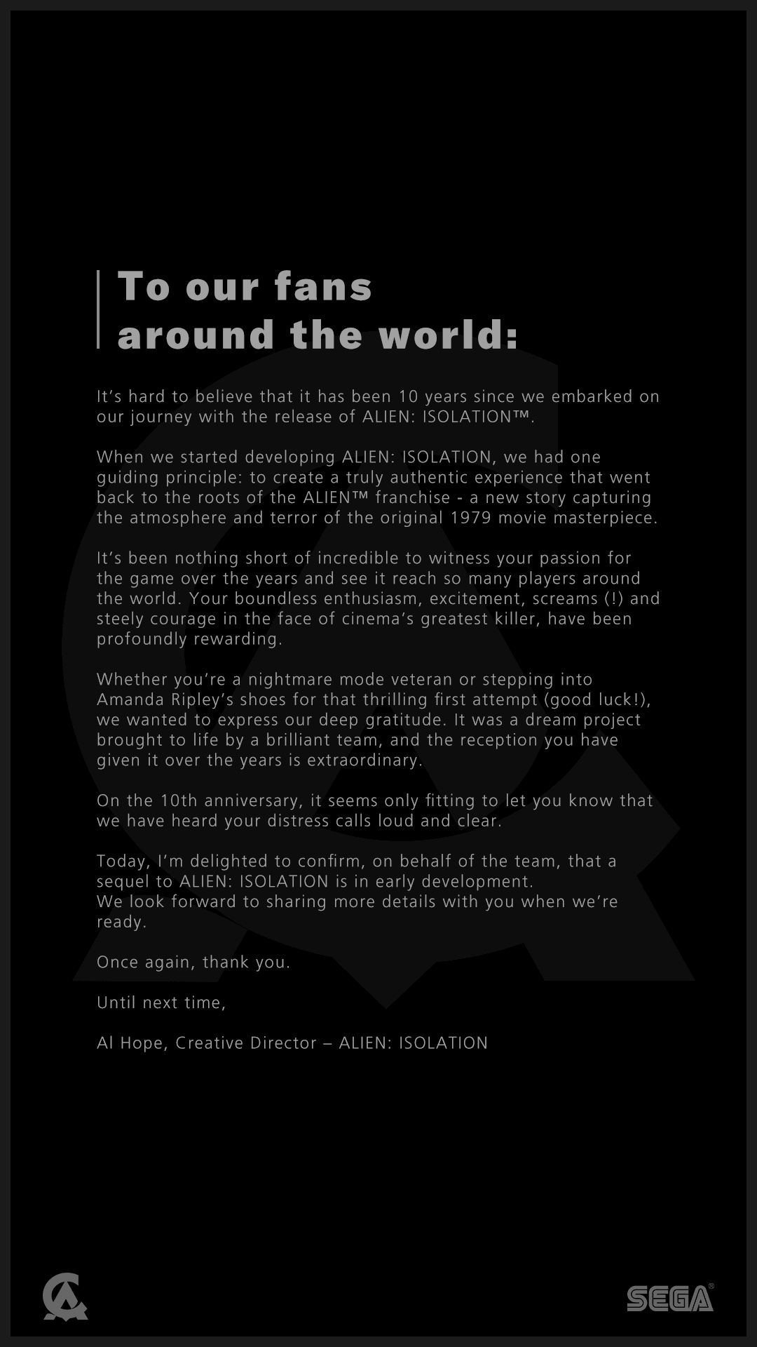 Creative Assembly Announces Alien: Isolation Sequel a Decade On