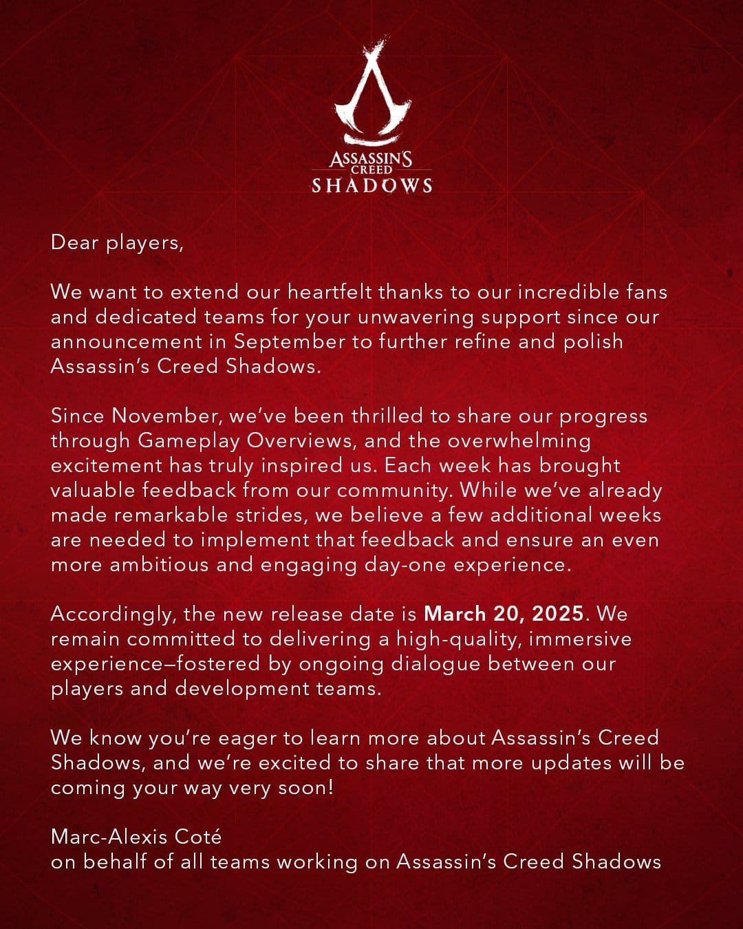 Assassin's Creed Shadows delay
