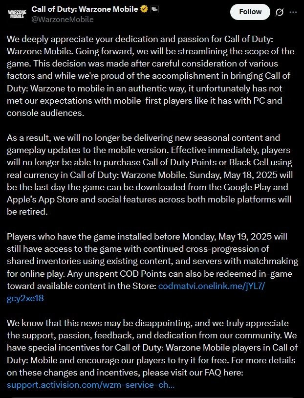 Activision Shutting Down Call of Duty: Warzone Mobile
