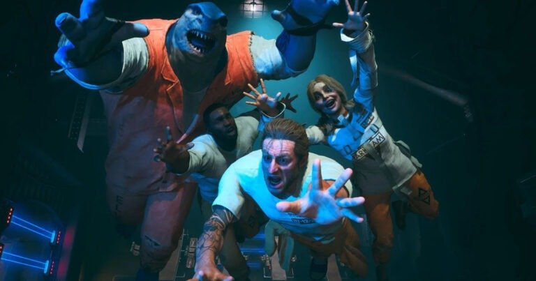 a group of people with sharks and people with hands extended