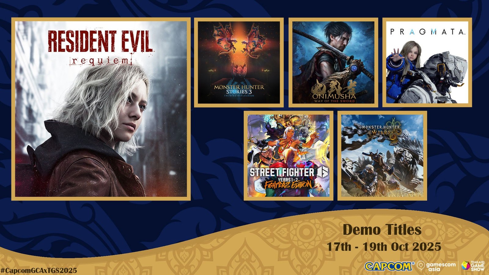 Promotional poster for Capcom’s Gamescom Asia x Thailand Game Show 2025 lineup.
