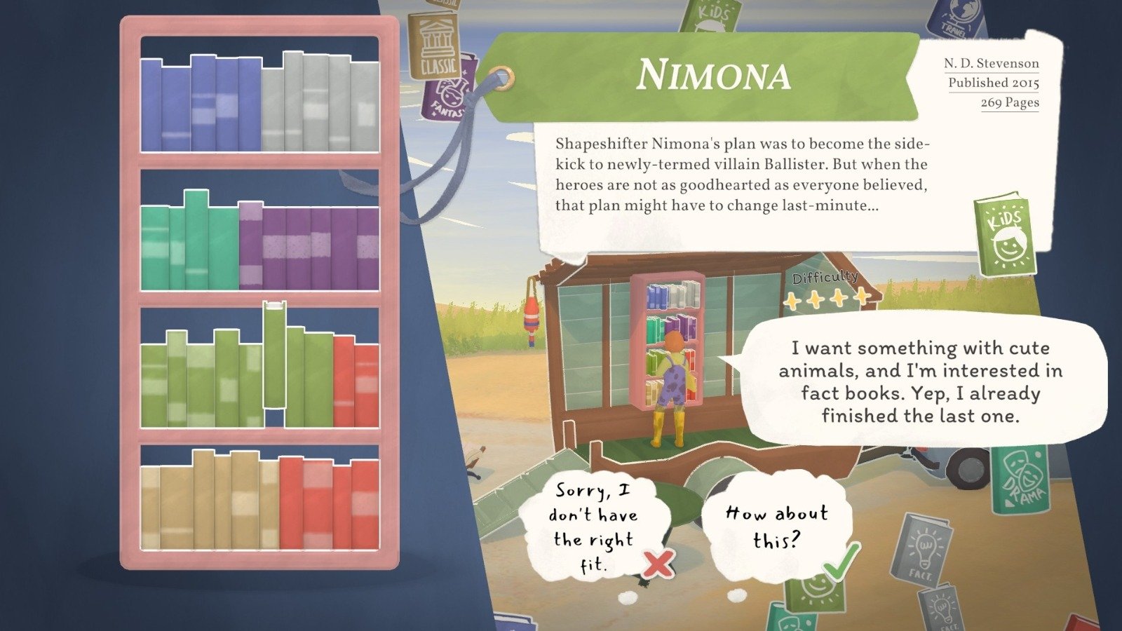 Tiny Bookshop screenshot shows in-game text for Nimona by ND Stevenson