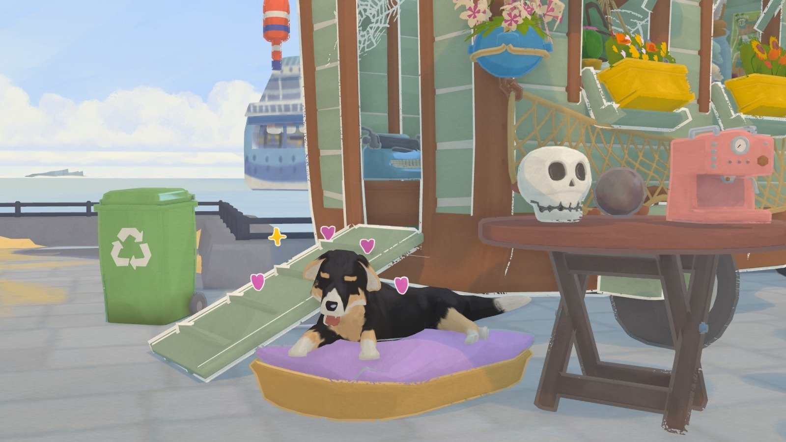 Tiny Bookshop screenshot shows the dog by the decorated bookshop (Neoludic Games)