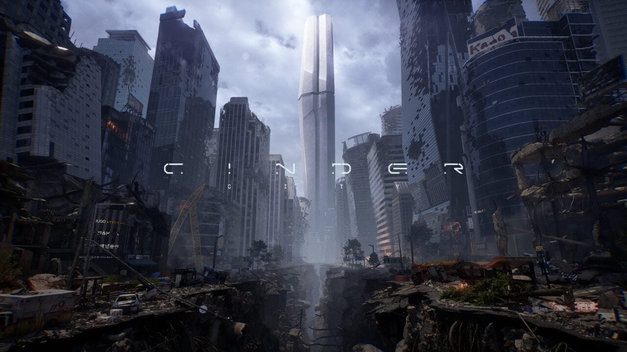 Cinder City concept art showing futuristic Seoul skyline in ruins