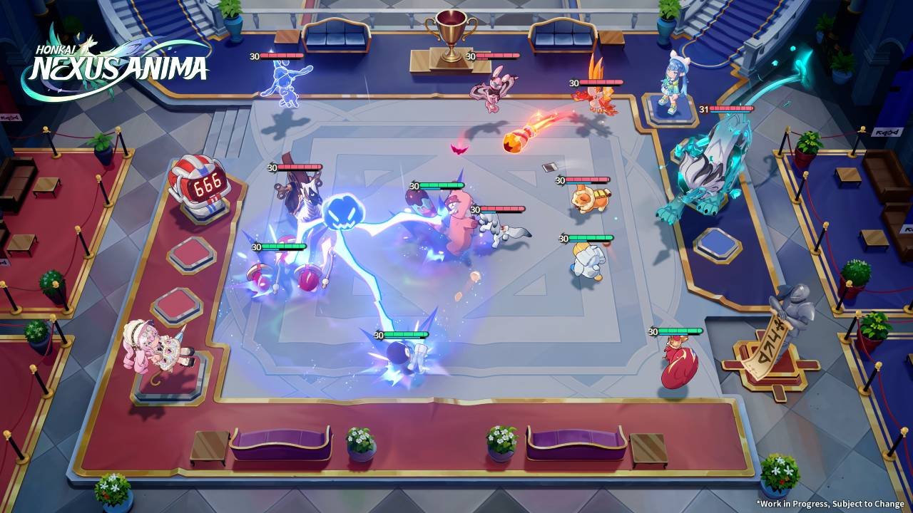 Gameplay screenshot of Honkai: Nexus Anima in auto-battle formation