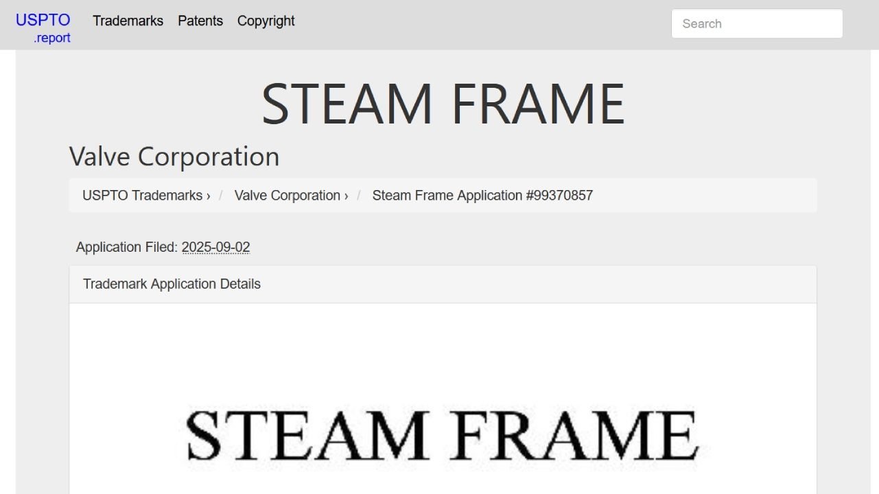 Steam Frame trademark Valve