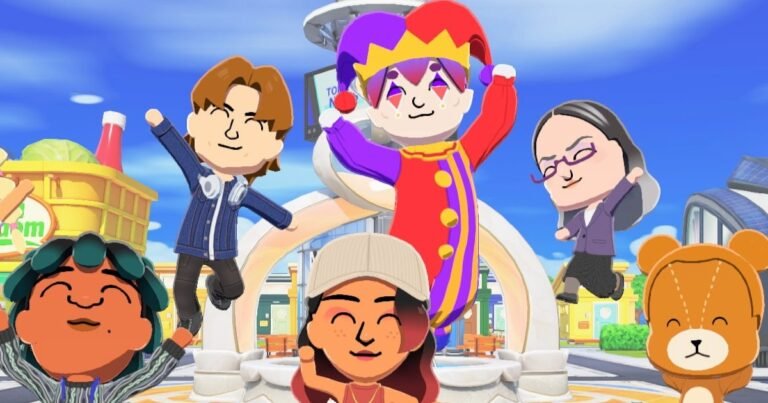 A group of Mii Characters pose for a photo with Tomodachi Life: Living the Dream's photo studio