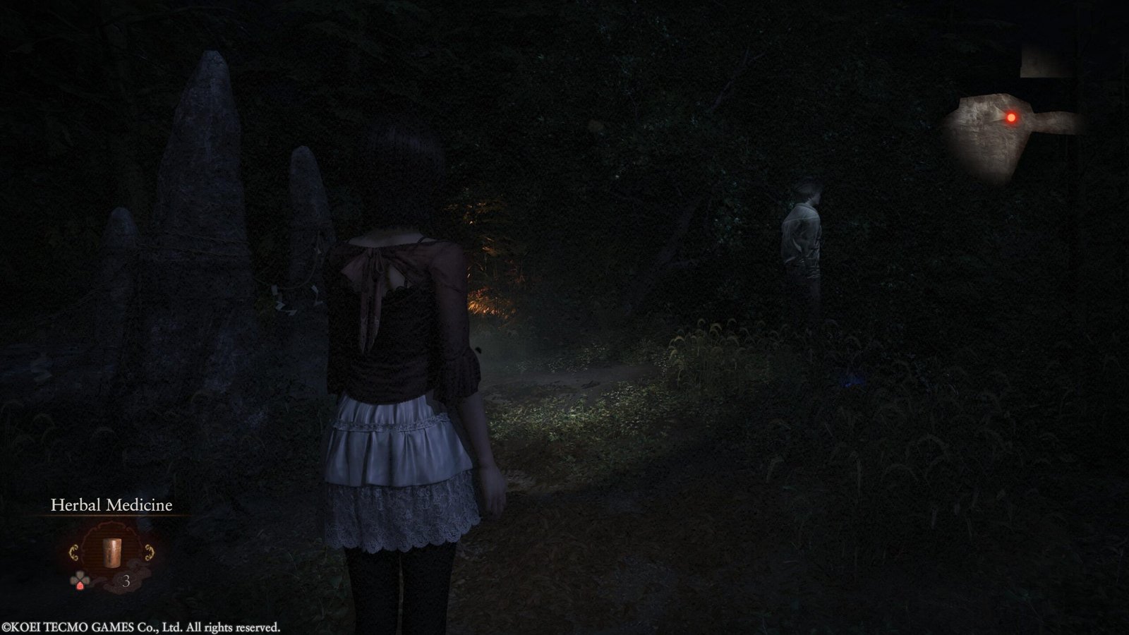 A ghost standing in the distance in Fatal Frame II: Crimson Butterfly Remake