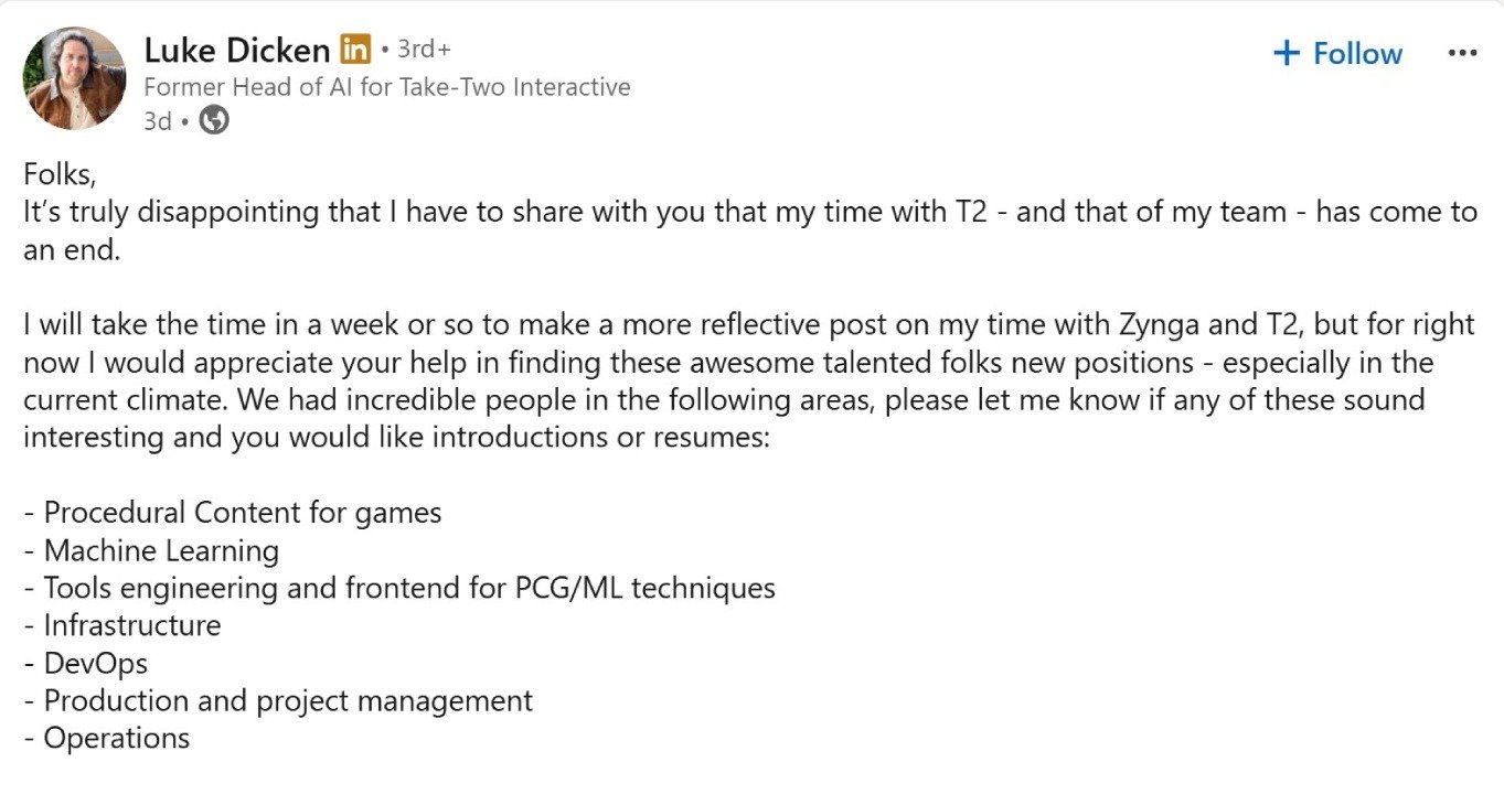 Take-Two Interactive cuts AI team