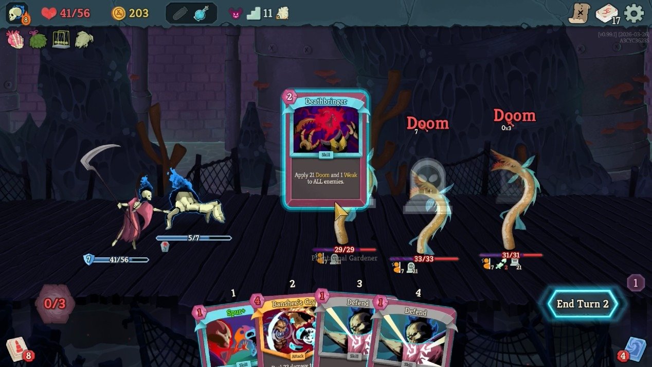 The Necrobinder inflicting Doom on a group of enemies in the Underdocks in Slay the Spire 2