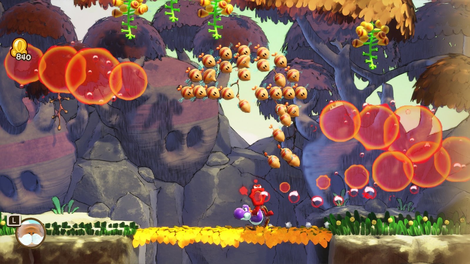 Yoshi fights a swarm of bees in Yoshi and the Mysterious Book
