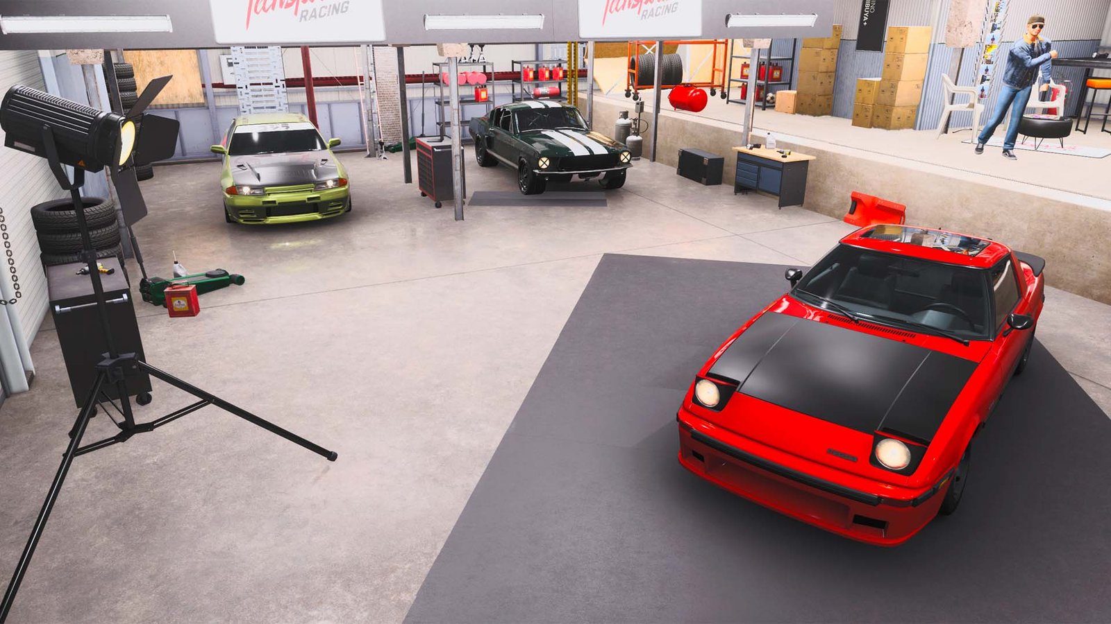 A customized garage displaying a Mazda FC RX-7, Nissan R32 GTR, and a '67 Ford Mustang Fastback