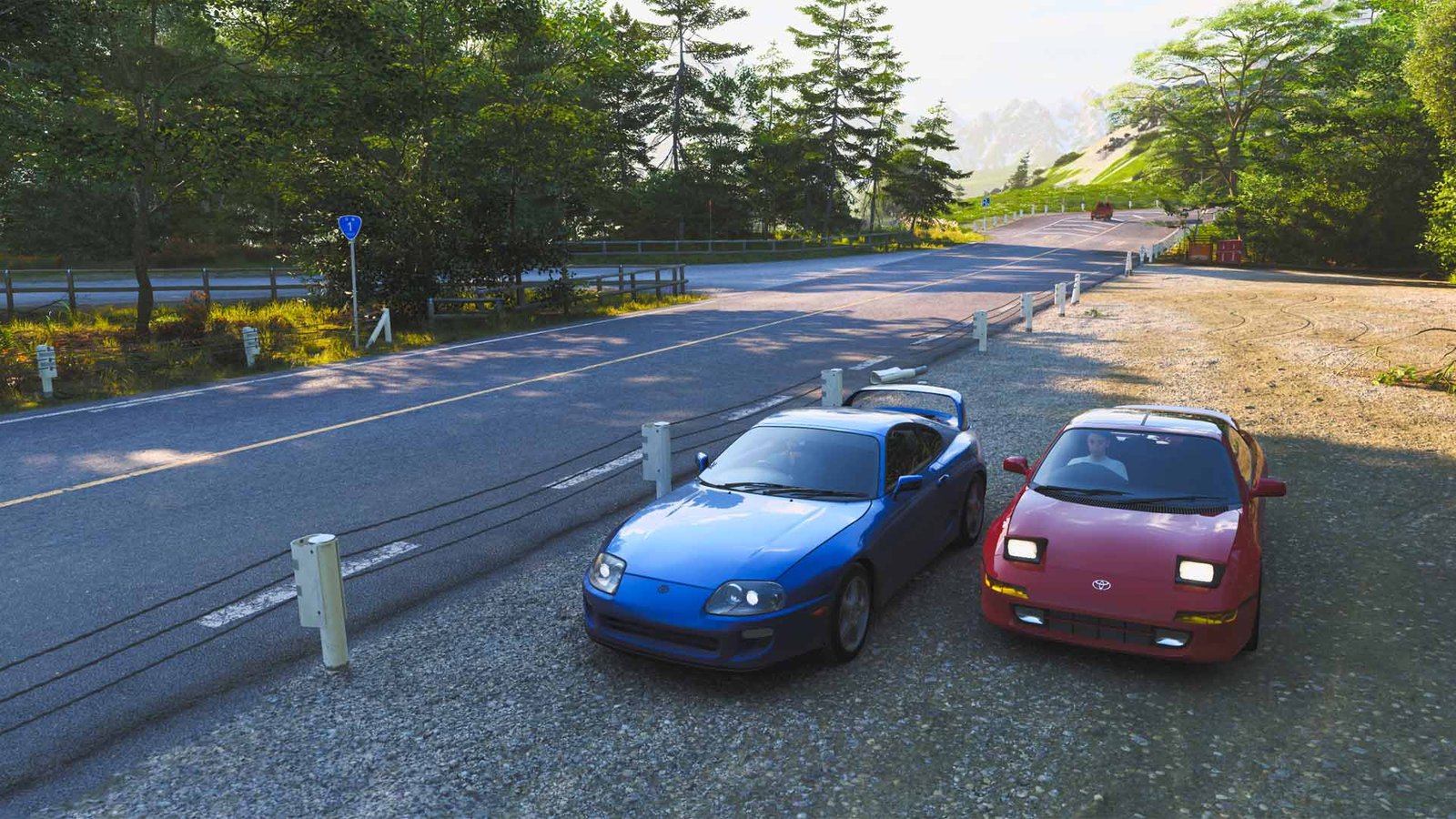 A Toyota Supra MK4 and a Toyota MR2 parked at the top of Mt. Haruna in Forza Horizon 6