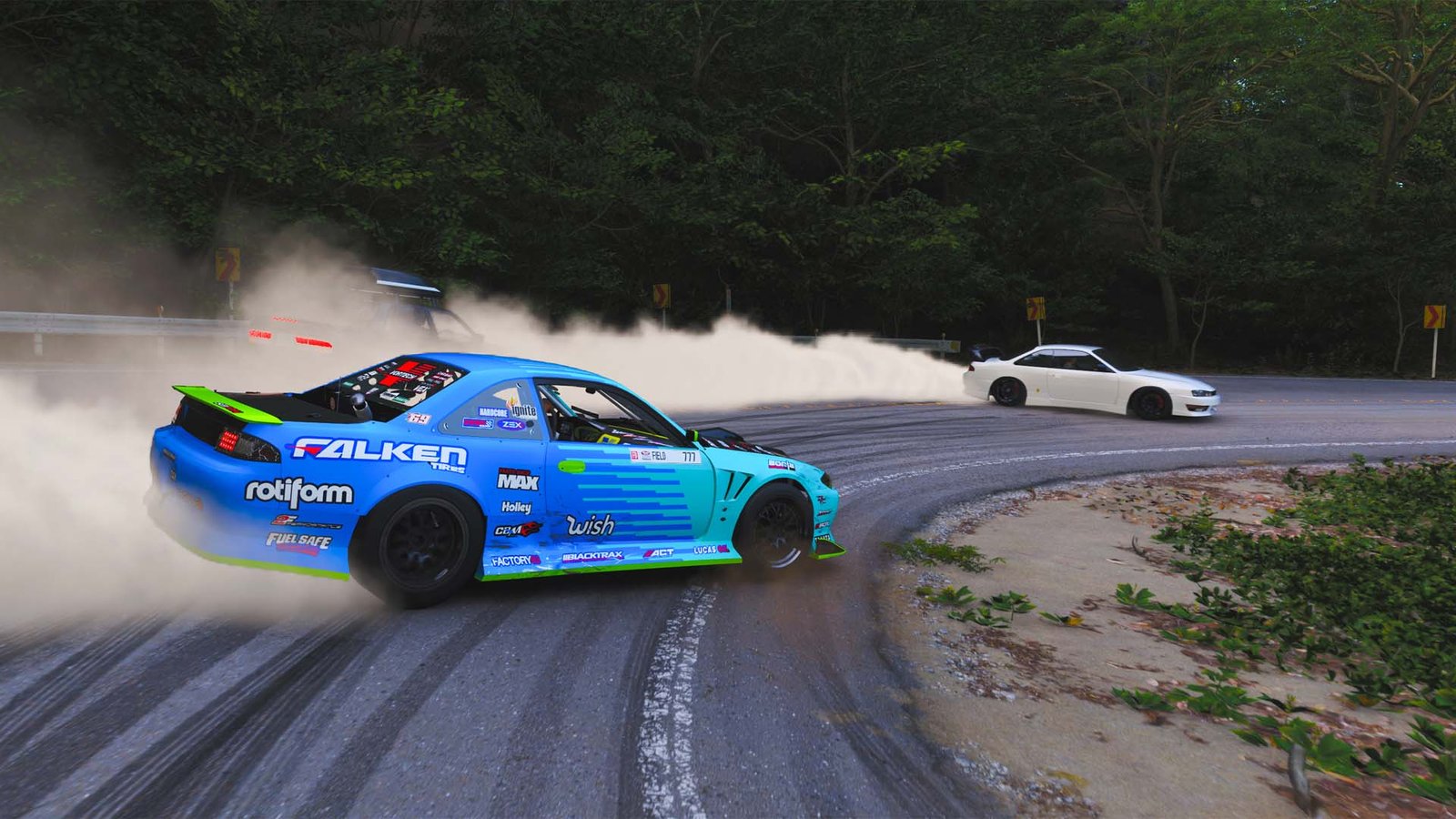 Drifting down Mt. Haruna featuring a Nissan Silvia S15 and a Nissan Silvia S15 Falken