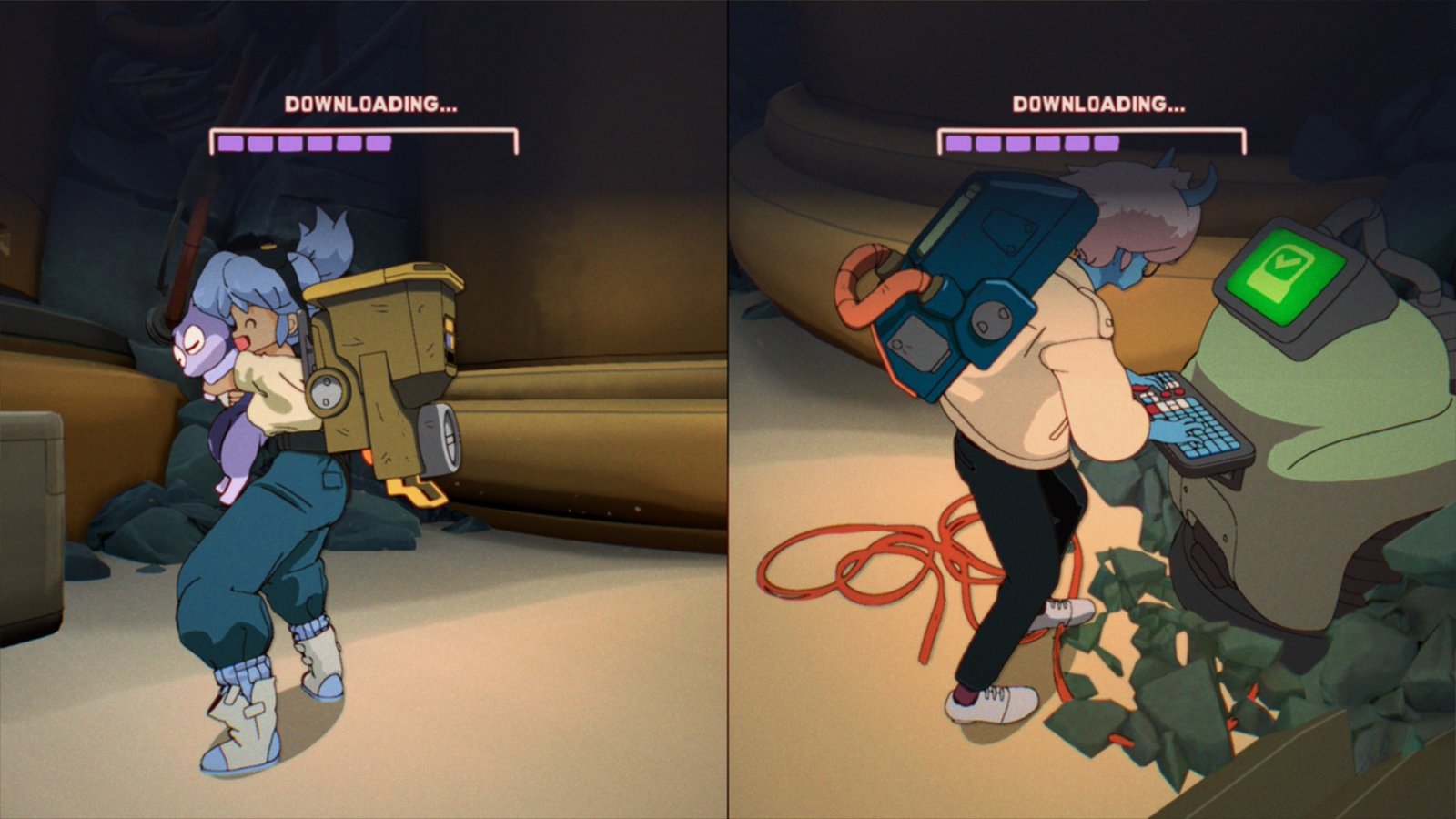 Maki holds a cat while Omura opens a chest in Orbitals