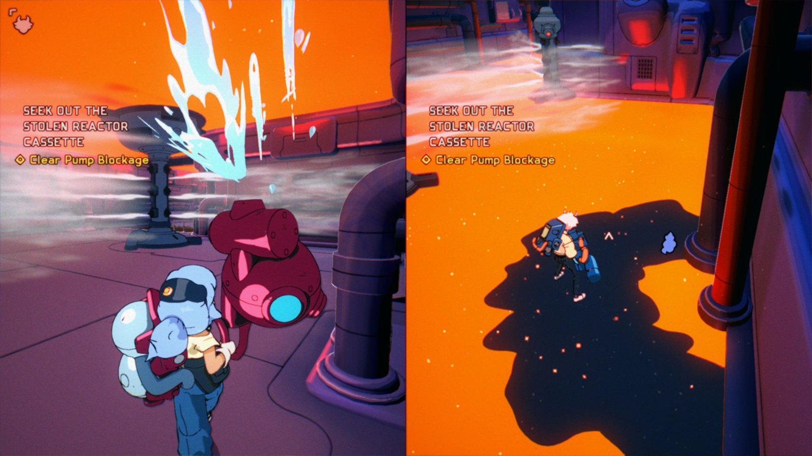 Maki sprays water while Omura navigates through lava in Orbitals